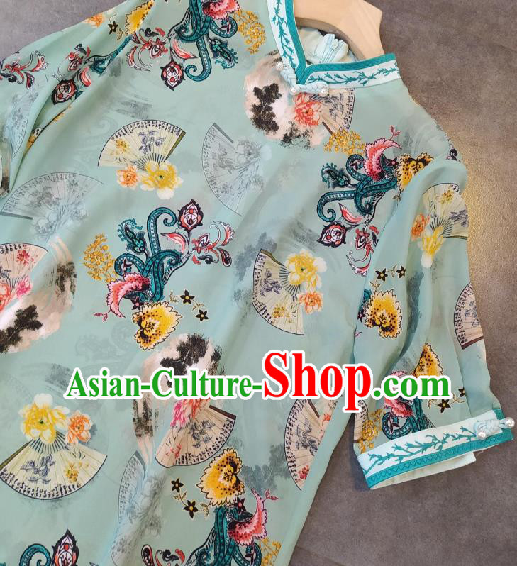 Chinese Classical Qipao Dress National Women Clothing Traditional Printing Green Cheongsam