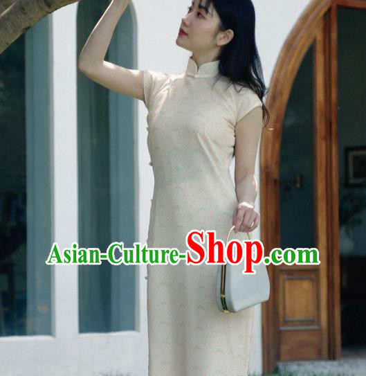 Republic of China Shanghai Beauty Clothing Classical Cheongsam National Beige Crepe Qipao Dress