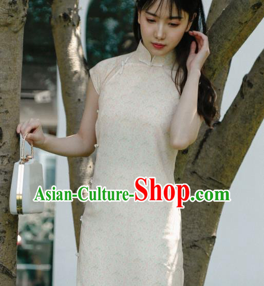 Republic of China Shanghai Beauty Clothing Classical Cheongsam National Beige Crepe Qipao Dress