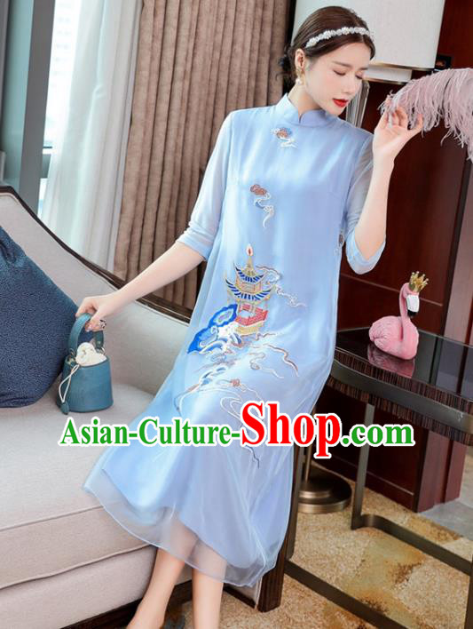 Chinese National Women Clothing Traditional Embroidered Blue Chiffon Cheongsam Classical Qipao Dress