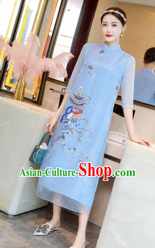 Chinese National Women Clothing Traditional Embroidered Blue Chiffon Cheongsam Classical Qipao Dress