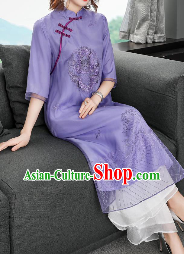 Chinese Traditional Embroidered Dragon Purple Chiffon Cheongsam Women Classical Qipao Dress