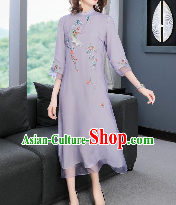 Chinese Women National Classical Qipao Dress Traditional Embroidered Crane Lilac Chiffon Cheongsam