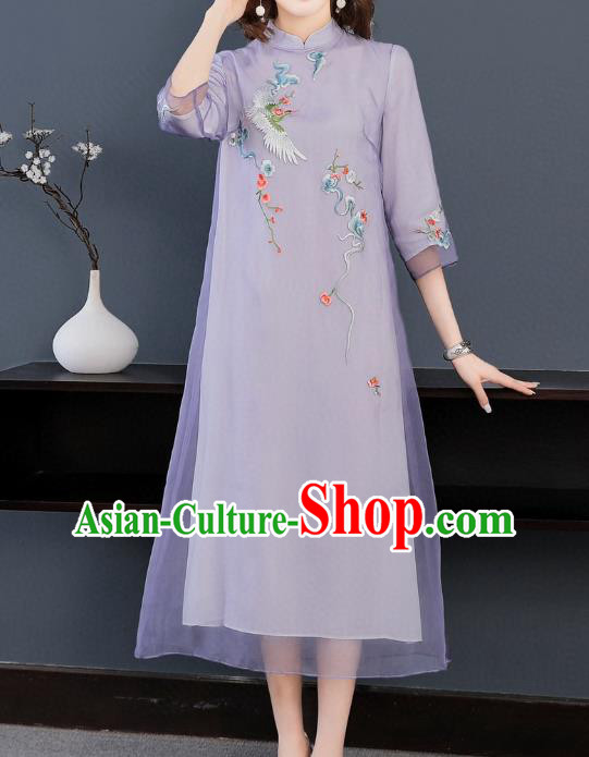 Chinese Women National Classical Qipao Dress Traditional Embroidered Crane Lilac Chiffon Cheongsam