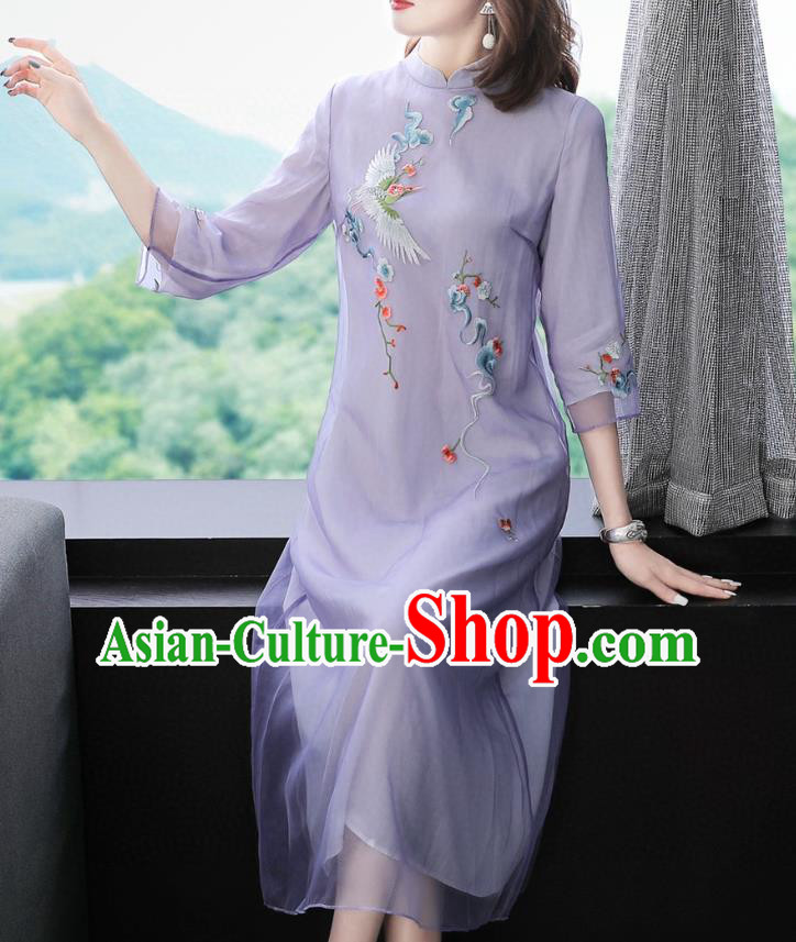 Chinese Women National Classical Qipao Dress Traditional Embroidered Crane Lilac Chiffon Cheongsam