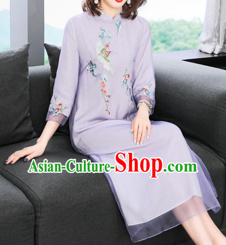 Chinese Women National Classical Qipao Dress Traditional Embroidered Crane Lilac Chiffon Cheongsam