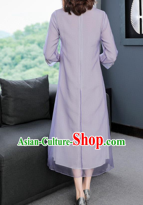 Chinese Women National Classical Qipao Dress Traditional Embroidered Crane Lilac Chiffon Cheongsam
