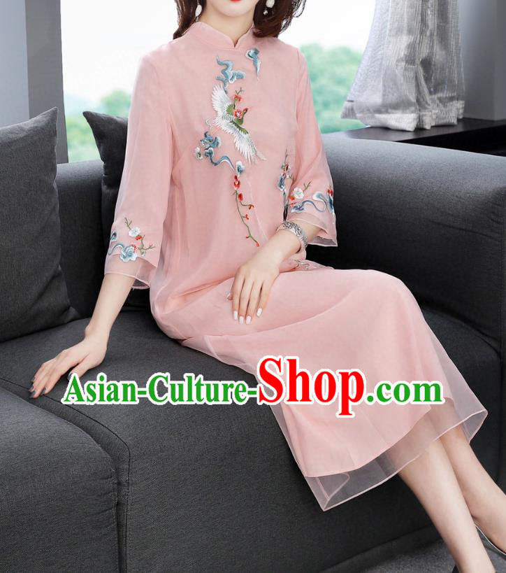 Chinese Traditional Embroidered Crane Pink Chiffon Cheongsam Women National Classical Qipao Dress