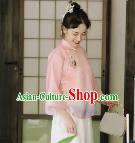 China Cheongsam Upper Outer Garment Tang Suit Blouse Clothing Classical Pink Chiffon Shirt