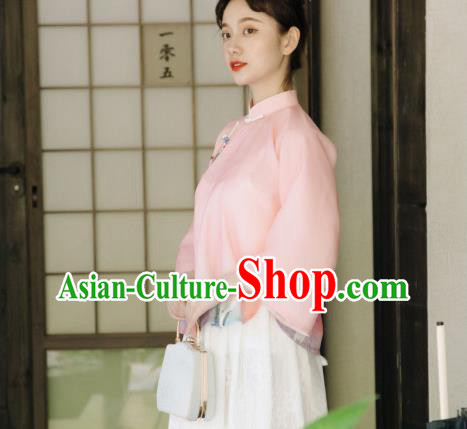 China Cheongsam Upper Outer Garment Tang Suit Blouse Clothing Classical Pink Chiffon Shirt