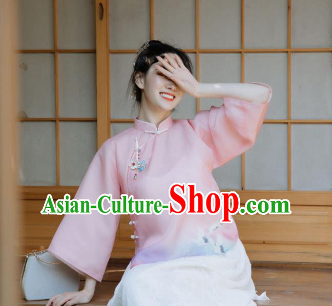 China Cheongsam Upper Outer Garment Tang Suit Blouse Clothing Classical Pink Chiffon Shirt
