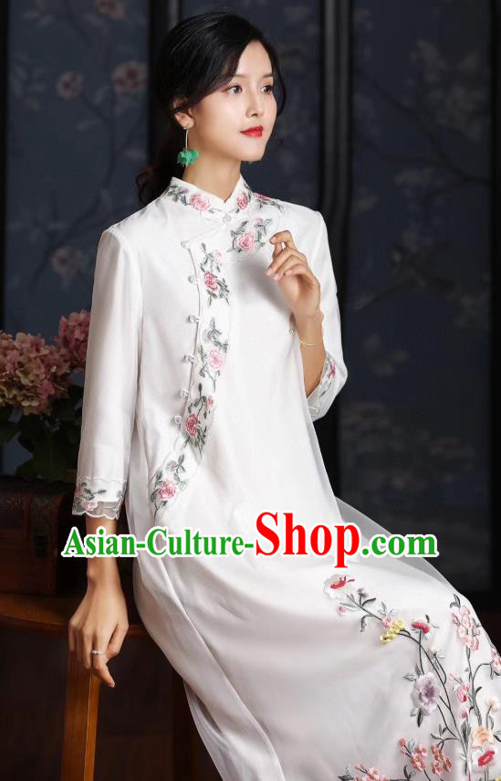 Chinese Traditional Women Cheongsam National Classical Embroidered White Organza Qipao Dress