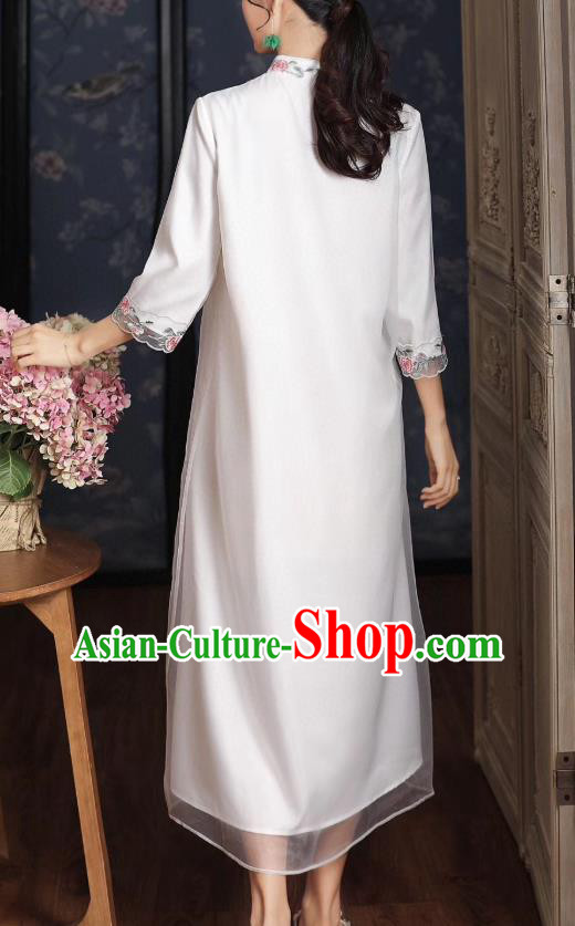 Chinese Traditional Women Cheongsam National Classical Embroidered White Organza Qipao Dress