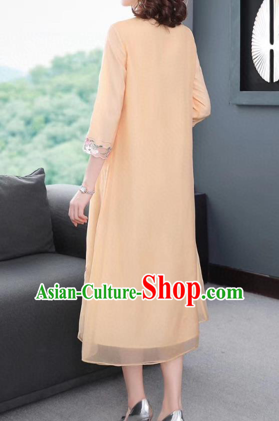 Chinese National Classical Embroidered Apricot Organza Qipao Dress Traditional Women Cheongsam Clothing