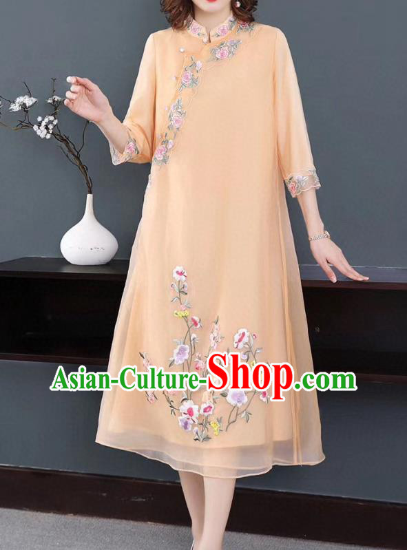 Chinese National Classical Embroidered Apricot Organza Qipao Dress Traditional Women Cheongsam Clothing