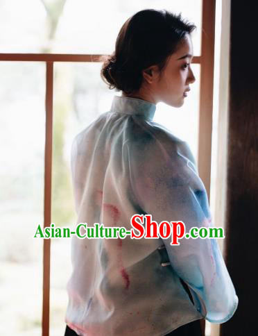 China Tang Suit Blouse Clothing Classical Printing Blue Organza Shirt Cheongsam Upper Outer Garment