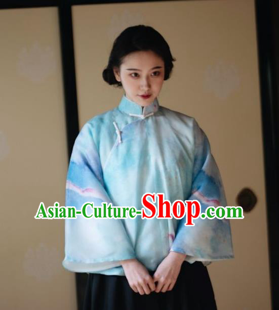 China Tang Suit Blouse Clothing Classical Printing Blue Organza Shirt Cheongsam Upper Outer Garment