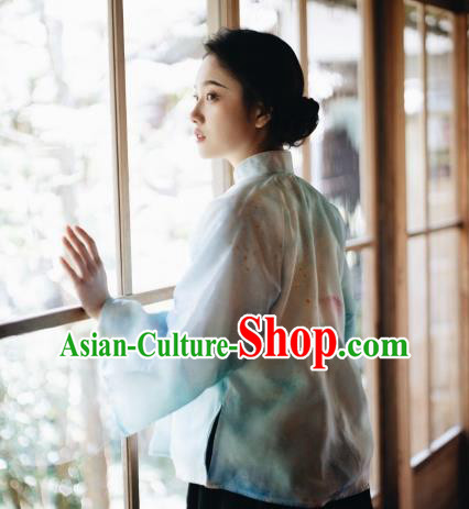 China Tang Suit Blouse Clothing Classical Printing Blue Organza Shirt Cheongsam Upper Outer Garment