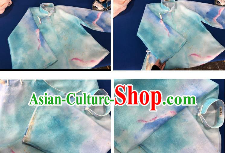 China Tang Suit Blouse Clothing Classical Printing Blue Organza Shirt Cheongsam Upper Outer Garment