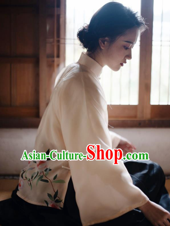 China Classical Printing Camellia Beige Organza Shirt Cheongsam Upper Outer Garment Tang Suit Blouse