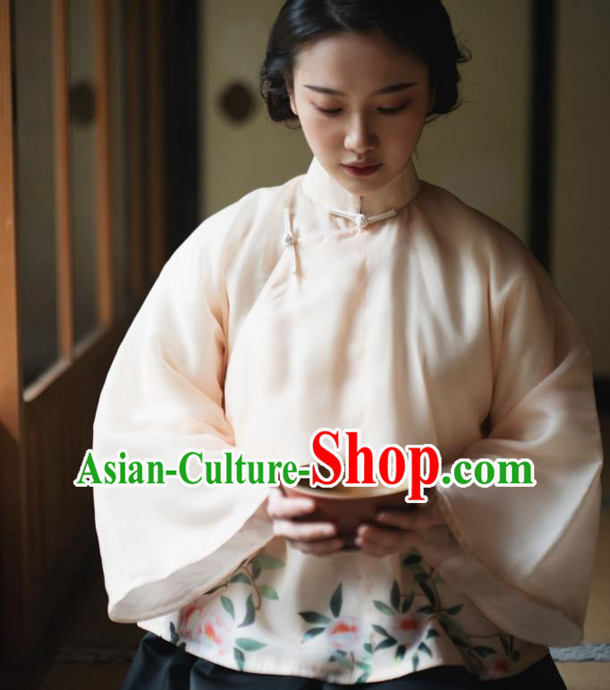 China Classical Printing Camellia Beige Organza Shirt Cheongsam Upper Outer Garment Tang Suit Blouse