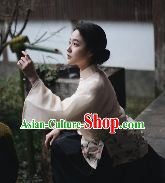 China Classical Printing Camellia Beige Organza Shirt Cheongsam Upper Outer Garment Tang Suit Blouse