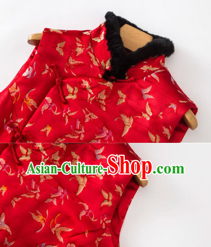 Chinese National Women Clothing Tang Suit Winter Red Waistcoat Classical Butterfly Pattern Vest