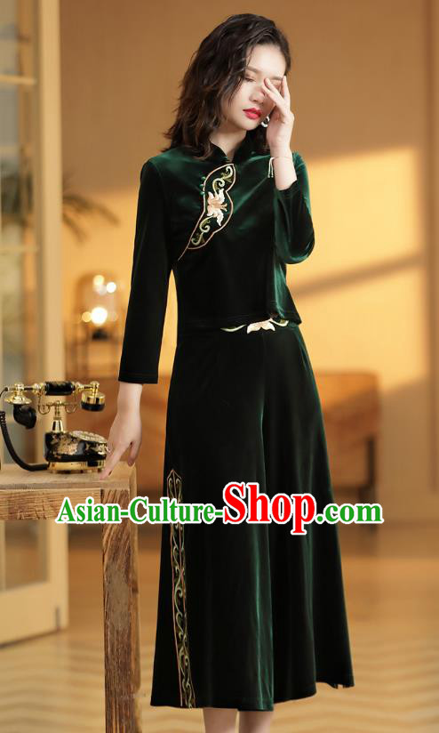 Chinese National Classical Embroidered Green Velvet Blouse and Skirt Traditional Women Tang Suit ClothingChinese National Classical Embroidered Green Velvet Blouse and Skirt Traditional Women Tang Suit Clothing