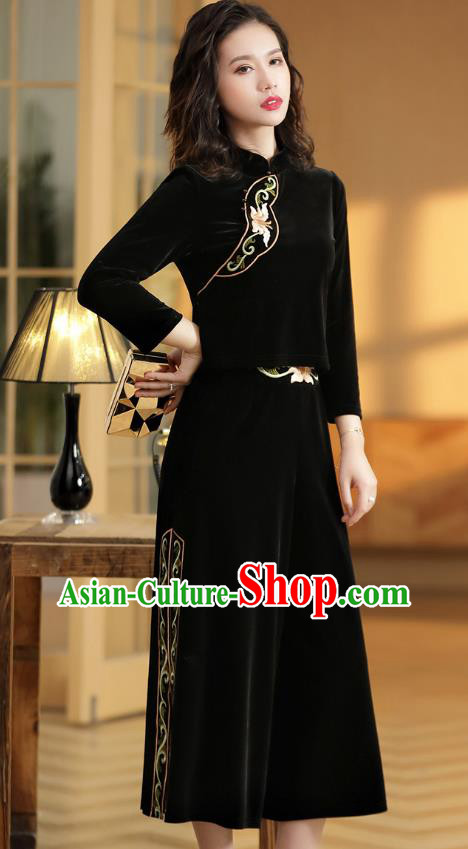 Chinese Traditional Women Tang Suit Clothing National Classical Embroidered Black Velvet Blouse and Skirt