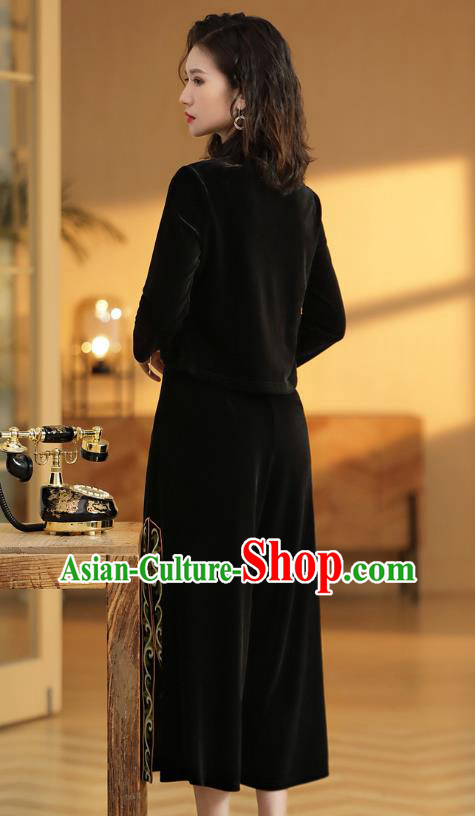 Chinese Traditional Women Tang Suit Clothing National Classical Embroidered Black Velvet Blouse and Skirt