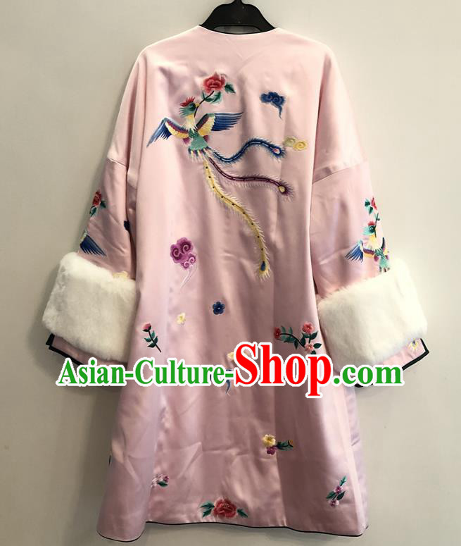 China Woman Outer Garment Winter Pink Silk Coat Traditional Embroidered Phoenix Peony Dust Coat