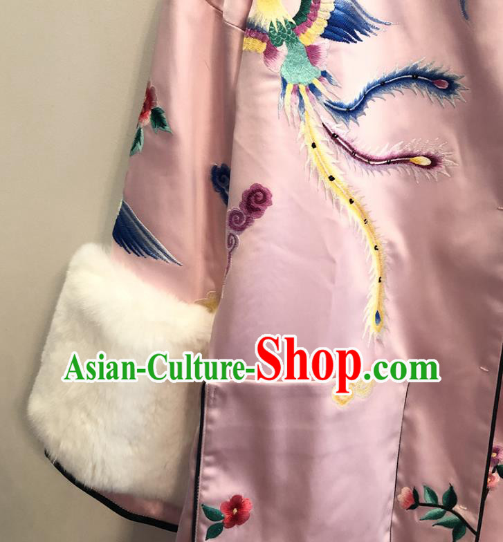 China Woman Outer Garment Winter Pink Silk Coat Traditional Embroidered Phoenix Peony Dust Coat