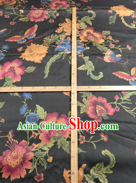 China Traditional Gambiered Guangdong Gauze Classical Flowers Butterfly Pattern Black Silk Fabric