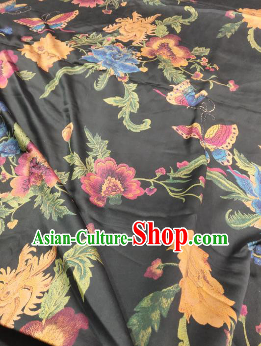 China Traditional Gambiered Guangdong Gauze Classical Flowers Butterfly Pattern Black Silk Fabric