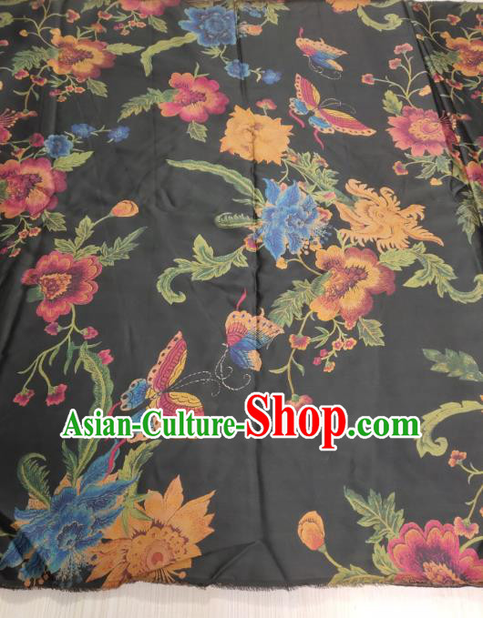 China Traditional Gambiered Guangdong Gauze Classical Flowers Butterfly Pattern Black Silk Fabric