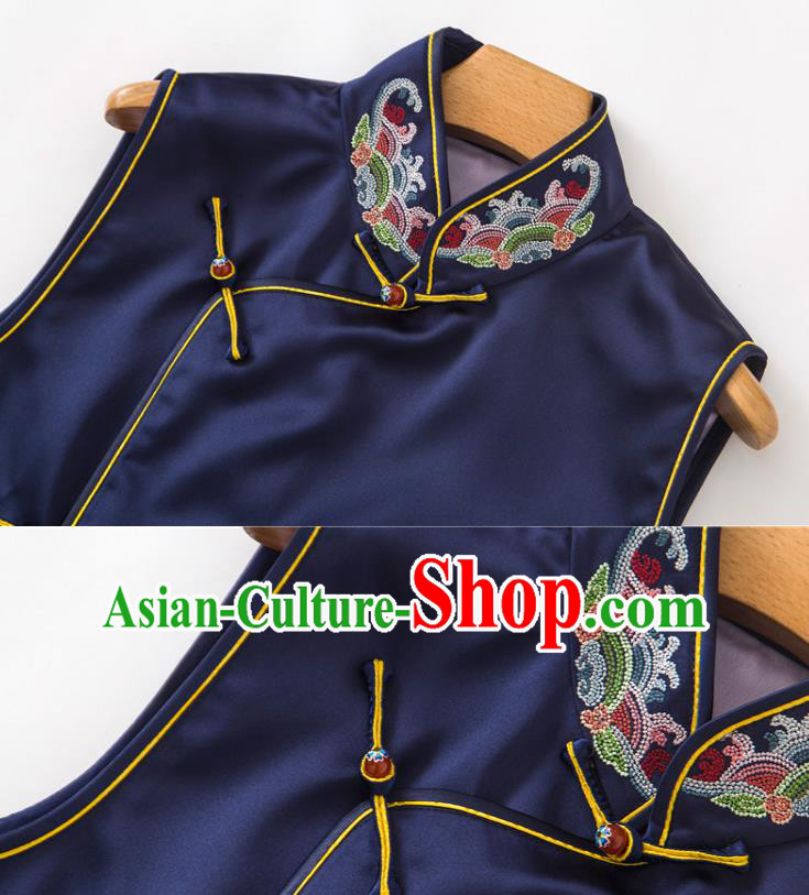 Chinese Tang Suit Navy Silk Waistcoat Classical Embroidered Vest National Women Clothing