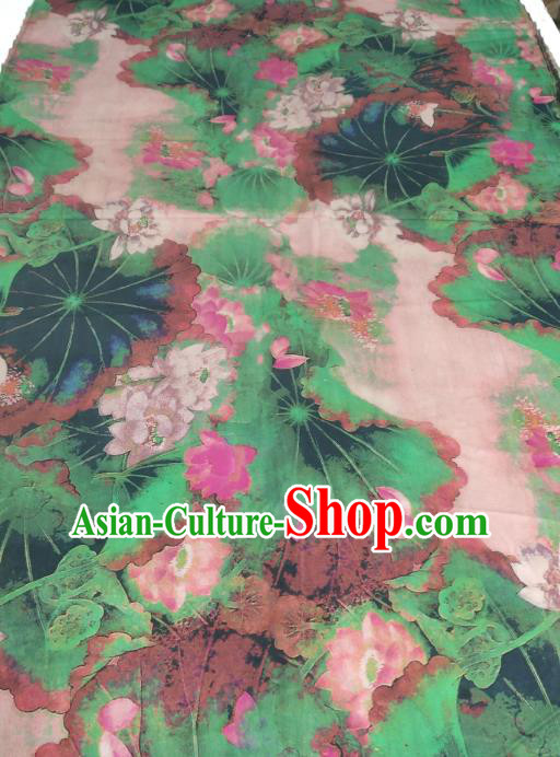 China Classical Lotus Pattern Green Silk Fabric Traditional Gambiered Guangdong Gauze