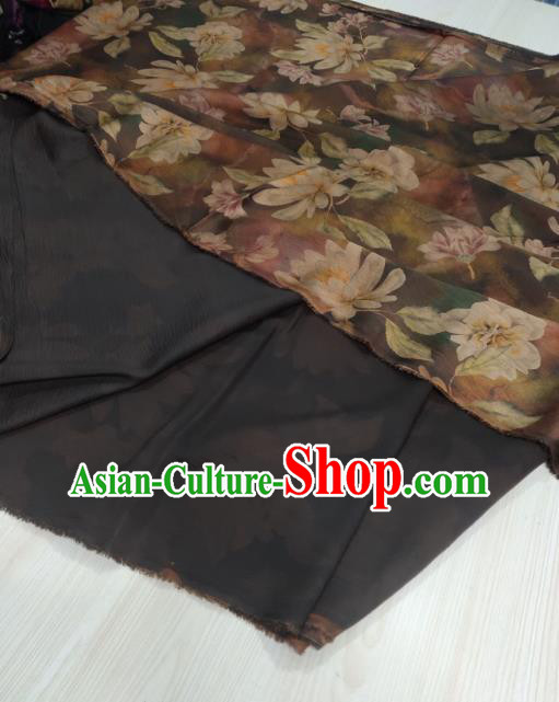 China Classical Mangnolia Pattern Brown Silk Traditional Gambiered Guangdong Gauze Cheongsam Fabric