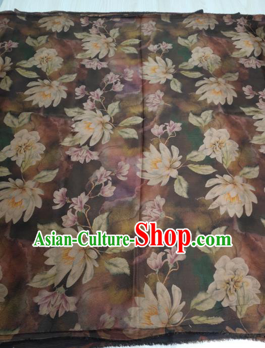 China Classical Mangnolia Pattern Brown Silk Traditional Gambiered Guangdong Gauze Cheongsam Fabric