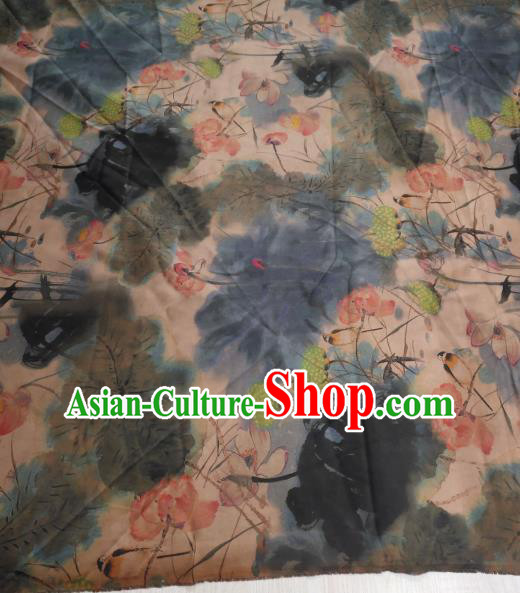 China Traditional Ink Painting Lotus Gambiered Guangdong Gauze Cheongsam Satin Fabric Classical Silk Cloth