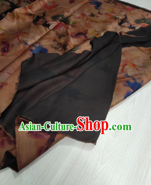 China Traditional Mangnolia Pattern Brown Gambiered Guangdong Gauze Cheongsam Fabric Classical Silk Cloth