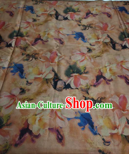 China Traditional Mangnolia Pattern Brown Gambiered Guangdong Gauze Cheongsam Fabric Classical Silk Cloth