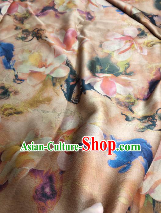 China Traditional Mangnolia Pattern Brown Gambiered Guangdong Gauze Cheongsam Fabric Classical Silk Cloth