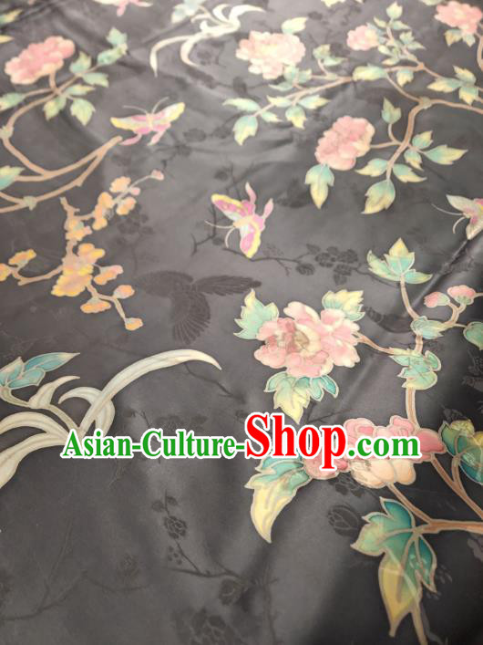 China Classical Silk Cloth Traditional Flowers Pattern Deep Grey Gambiered Guangdong Gauze Cheongsam Satin Fabric