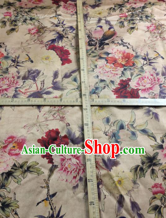China Traditional Peony Pattern Gambiered Guangdong Gauze Cheongsam Satin Fabric Classical Beige Silk Cloth