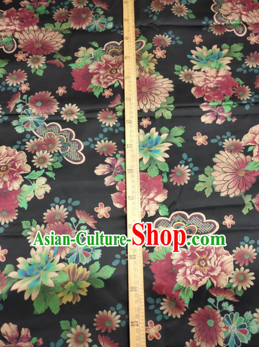 China Cheongsam Gambiered Guangdong Gauze Traditional Silk Fabric Classical Chrysanthemum Pattern Black Satin Cloth