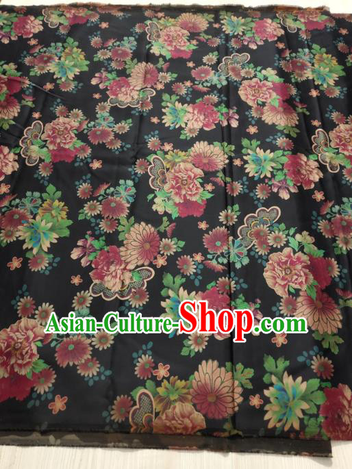 China Cheongsam Gambiered Guangdong Gauze Traditional Silk Fabric Classical Chrysanthemum Pattern Black Satin Cloth