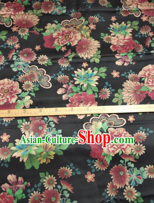 China Cheongsam Gambiered Guangdong Gauze Traditional Silk Fabric Classical Chrysanthemum Pattern Black Satin Cloth