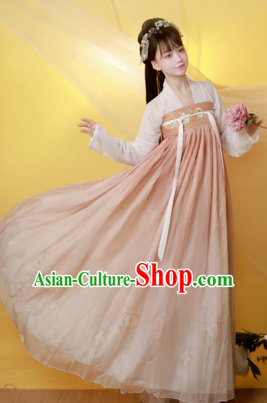 Traditional China Tang Dynasty Historical Costumes Ancient Young Lady Pink Hanfu Dress Garment