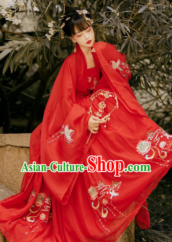 China Ancient Wedding Hanfu Garment Traditional Song Dynasty Princess Embroidered Red Dress Clothing